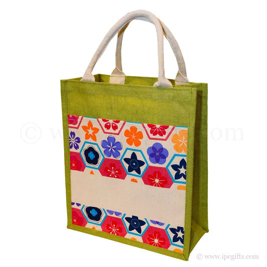 Chick motive with flower and star jute bag