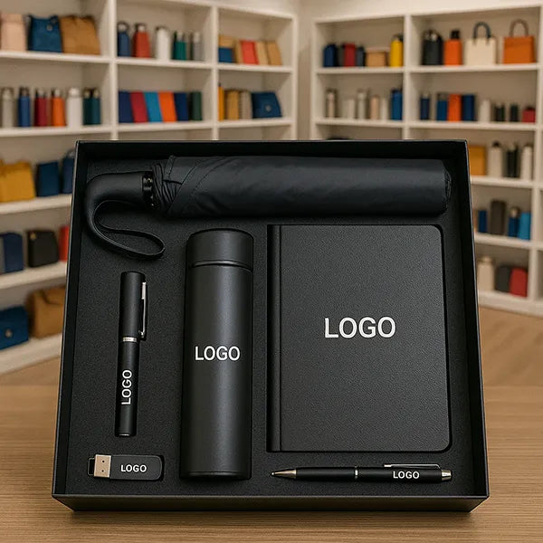corporate gift set in a hard cover box with die cut sponge, with umbrella, pen, flask, notebook and usb inside