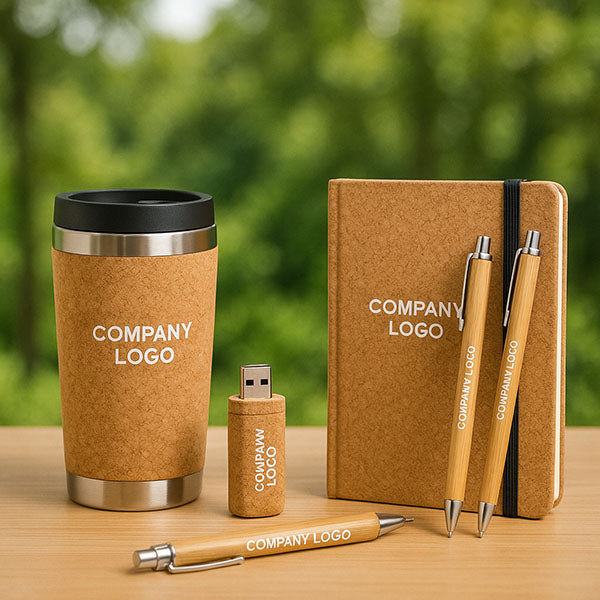 eco-friendly gifts - cork mug, usb, pen and notebook