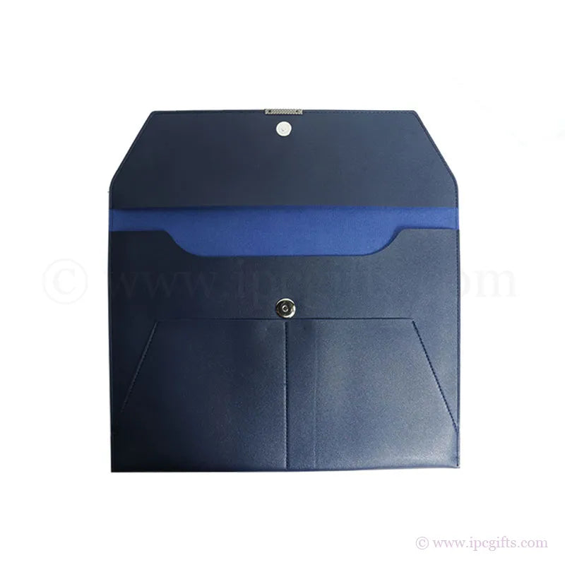 Navy blue file folder with a button on a white background