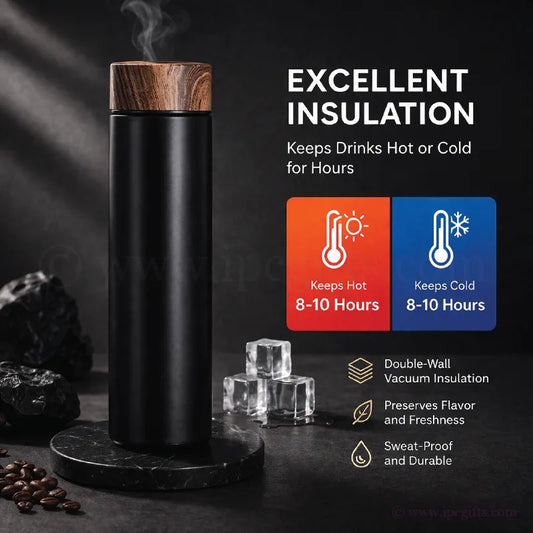 Thermos Flask with Wooden Cover-Sustainable Double Wall Thermos Bottle for Coffee, Tea & Gym