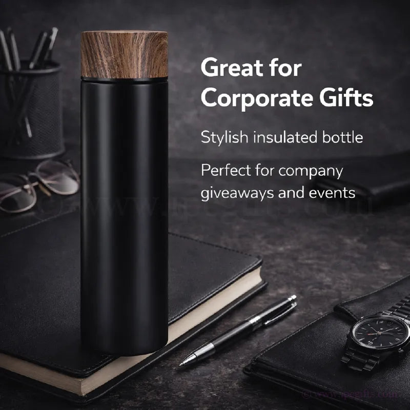 Thermos Flask with Wooden Cover-Sustainable Double Wall Thermos Bottle for Coffee, Tea & Gym