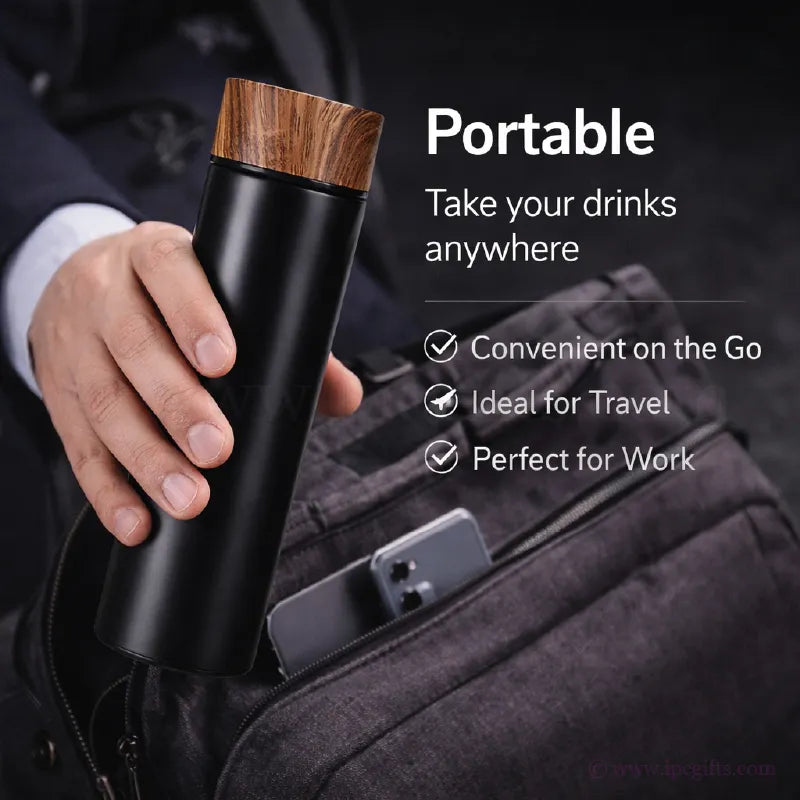 Thermos Flask with Wooden Cover-Sustainable Double Wall Thermos Bottle for Coffee, Tea & Gym