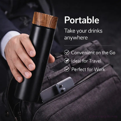 Thermos Flask with Wooden Cover-Sustainable Double Wall Thermos Bottle for Coffee, Tea & Gym