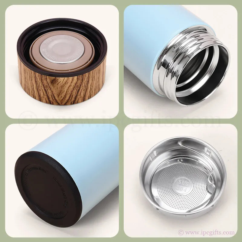 Thermos Flask with Wooden Cover-Sustainable Double Wall Thermos Bottle for Coffee, Tea & Gym