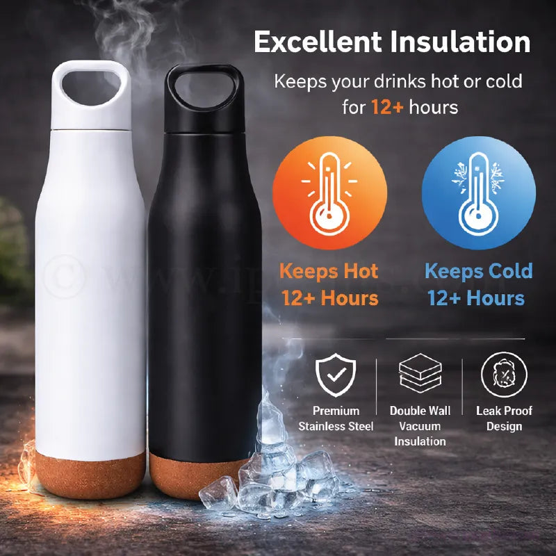 Cork Thermos Flask Eco Friendly – Stainless Steel Vacuum Insulated Bottle for Hot & Cold Drinks Office & Outdoor
