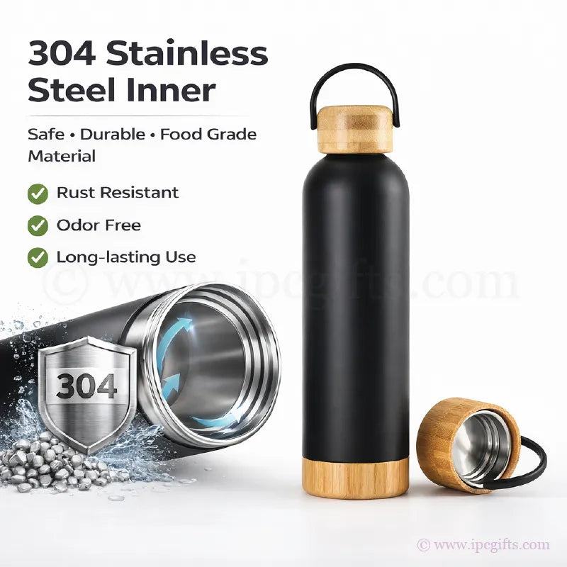 Eco Bamboo Thermos Flask 500ml With Bamboo Base-Leakproof Travel Bottle for Coffee, Tea & Water Hiking & Gym