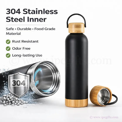 Eco Bamboo Thermos Flask 500ml With Bamboo Base-Leakproof Travel Bottle for Coffee, Tea & Water Hiking & Gym