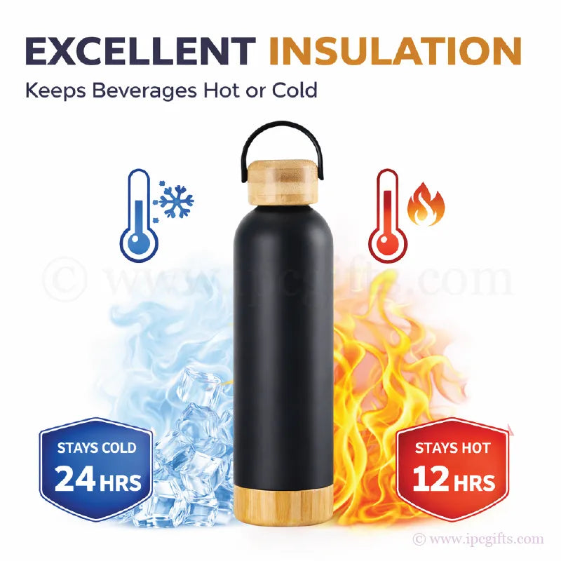 Eco Bamboo Thermos Flask 500ml With Bamboo Base-Leakproof Travel Bottle for Coffee, Tea & Water Hiking & Gym