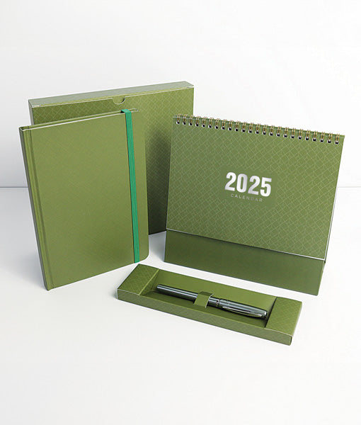 Green stationery set with notebooks and a pen on a white background