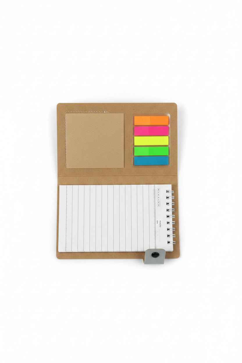 Notebook with lined pages and colorful sticky notes on a dark surface