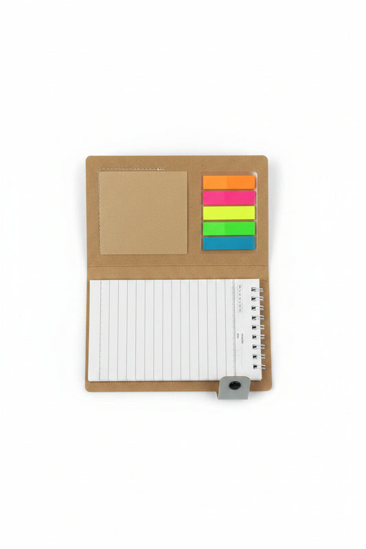 Notebook with lined pages and colorful sticky notes on a dark surface